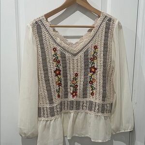 Lola Cream‎ Floral Crochet Fairy Indie Blouse Size XL
